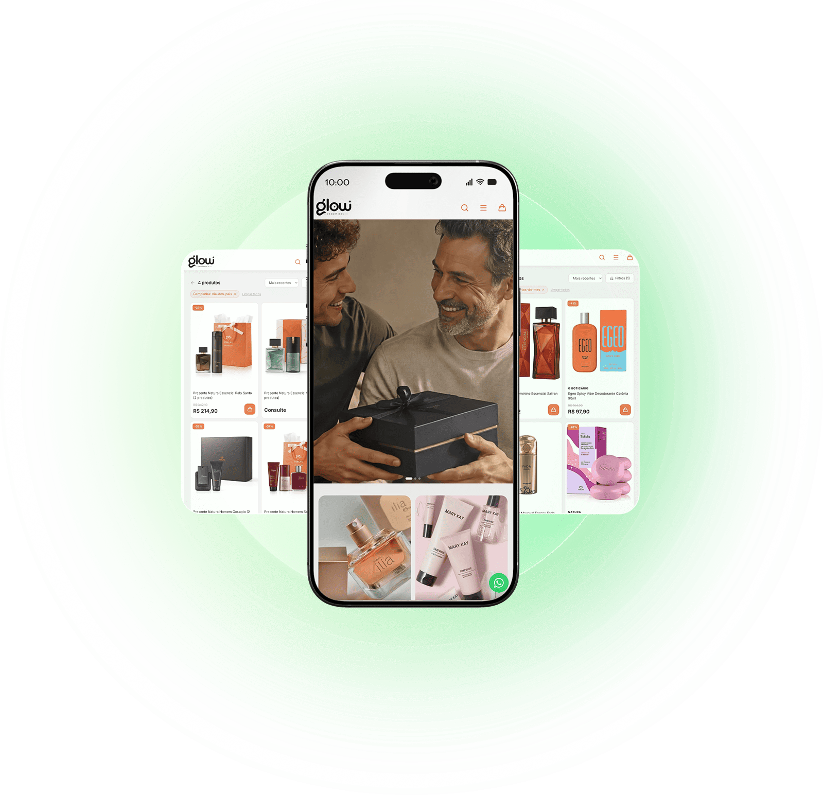 Catálogo virtual da Vendaê aberto no celular, com produtos e pedido pelo WhatsApp